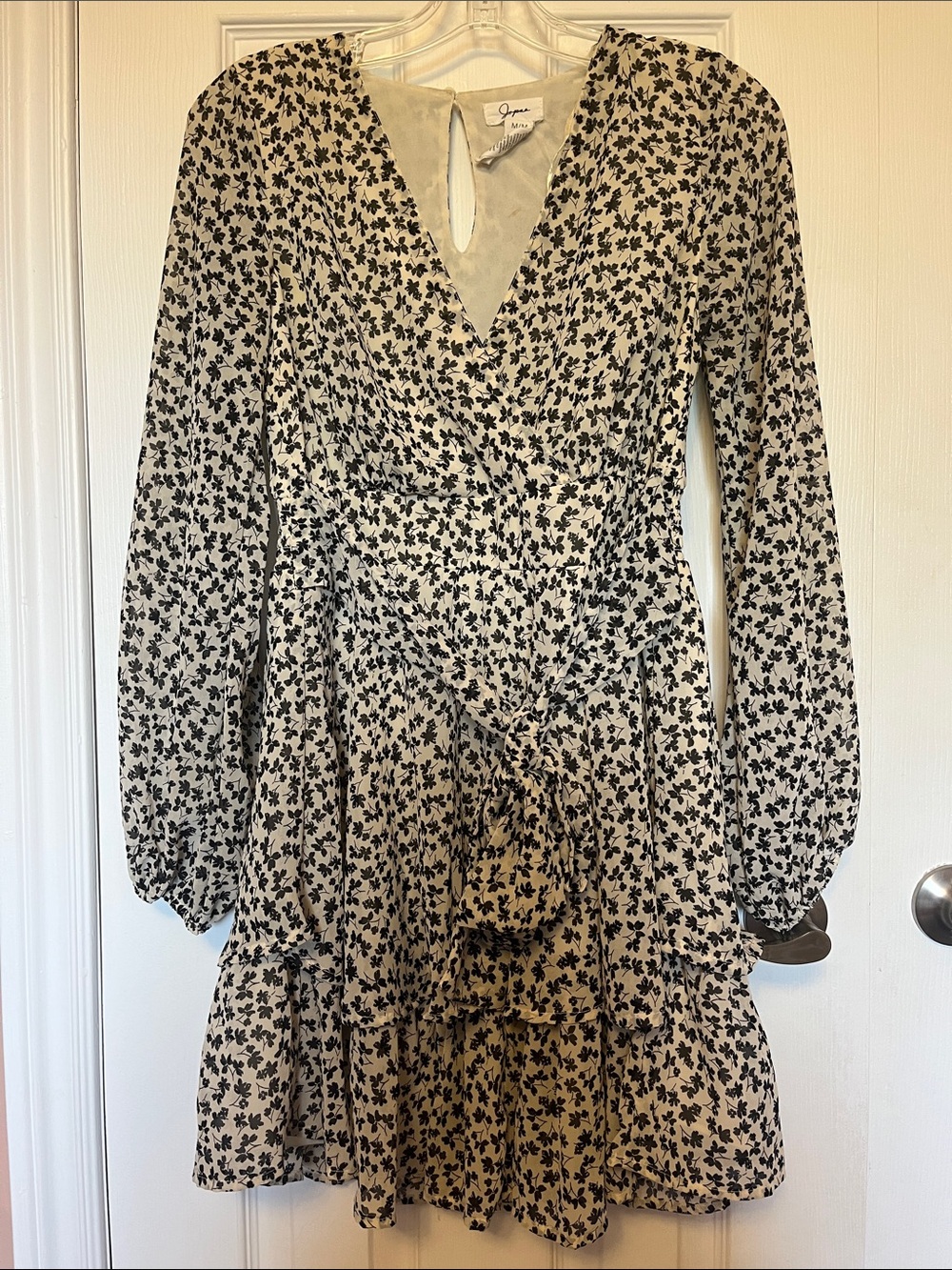 Japna Cream Long-Sleeve Dress with Black Floral Print